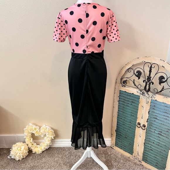 50s Retro Office Siren Pink Polka Dot with Black Mermaid bottom 8/10 - Picture 7 of 12